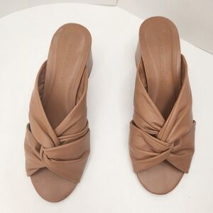 Rebecca Allen Heeled Sandals 8.5 Tan Leather Twisted Straps Slides Mules Boho